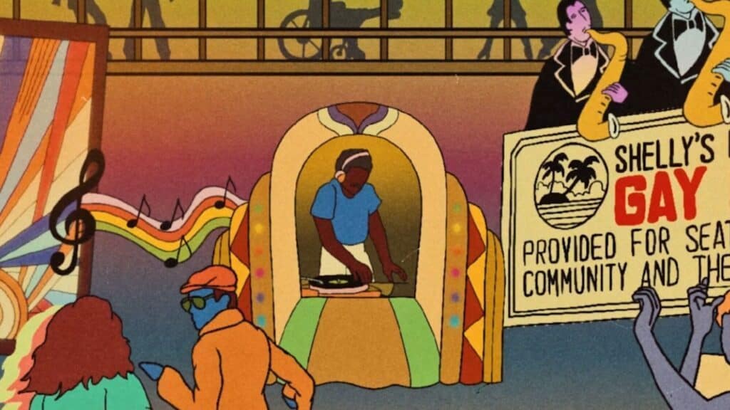An illustration shows a DJ playing music in a colorful booth, people dancing, a rainbow ribbon, and a sign reading "Shelly's Gay Provided for Sea Community.