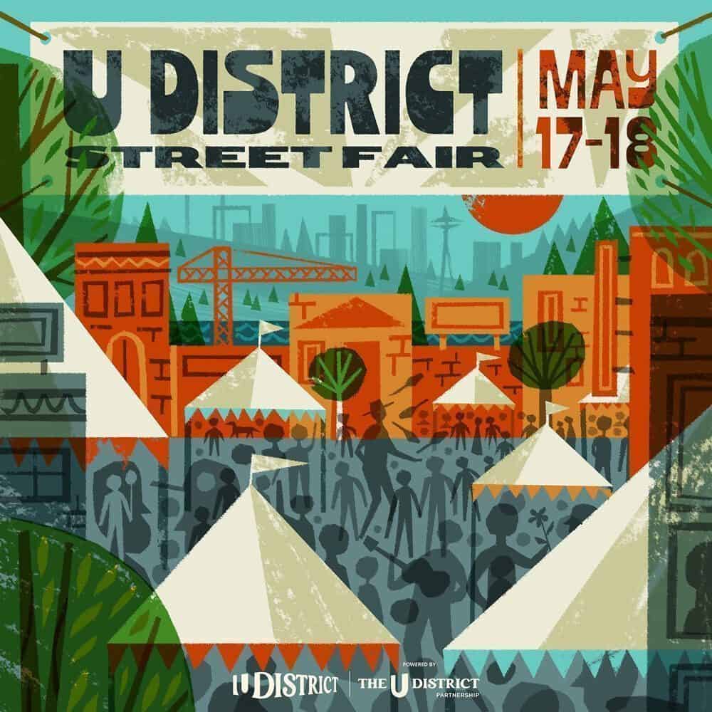 Illustration promoting the U District Street Fair—featured on the Must List—on May 17-18, with tents, buildings, people, and trees shown in a colorful, geometric style. Don’t miss this vibrant event leading up to 05-15-2025!.