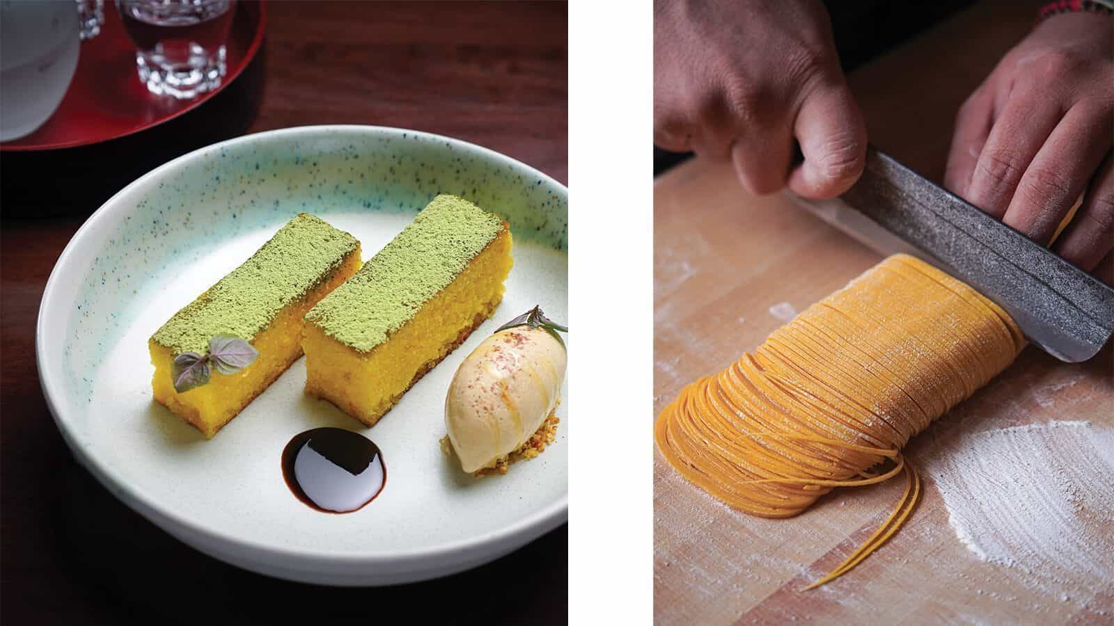 On the left, two rectangular slices of yellow cake with green topping and a scoop of ice cream; on the right, hands cutting fresh pasta dough into thin strips—a memorable meal inspired by flavors from British Columbia.