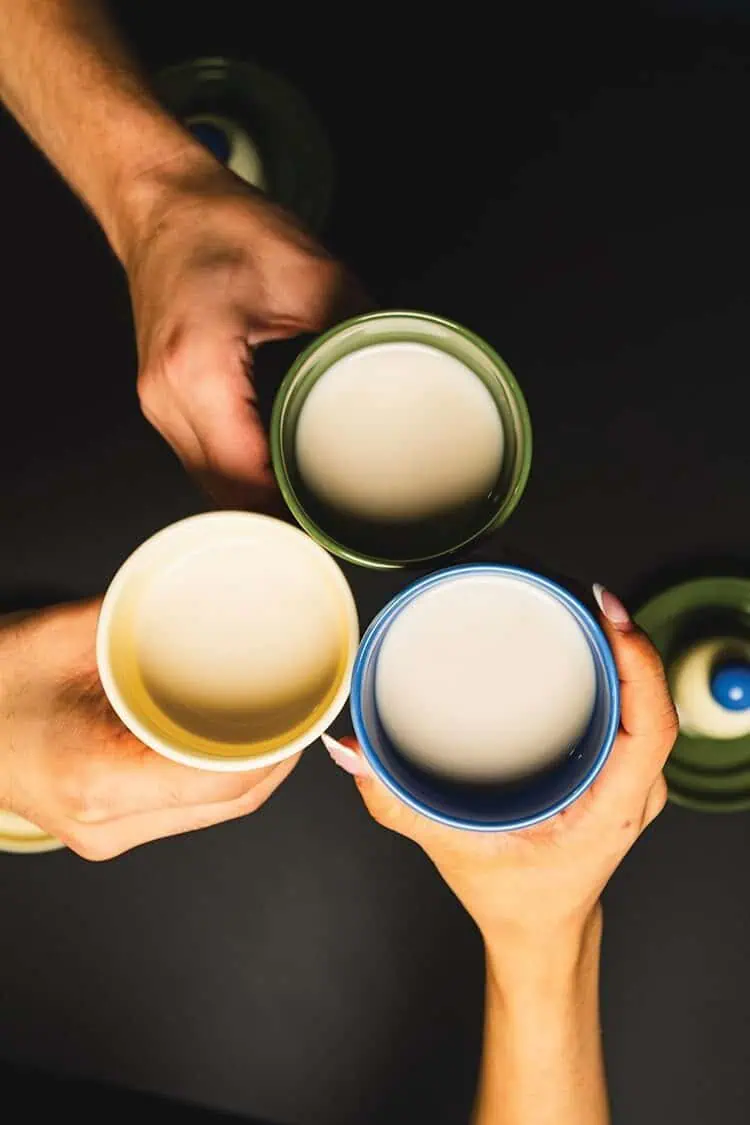 Three people hold ceramic cups filled with a light-colored beverage, seen from above as they clink their cups together—celebrating good times after a day at the Bite of Seattle food festival.