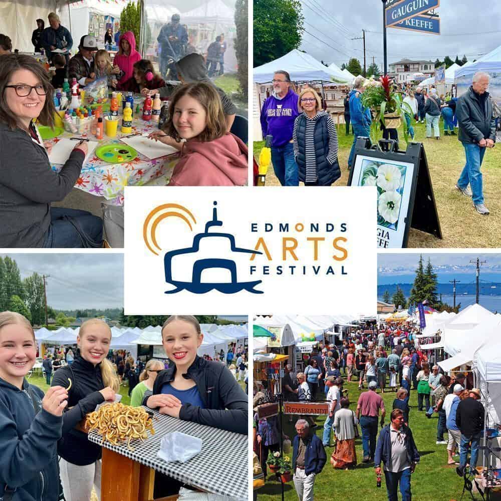 Collage of scenes from the Edmonds Arts Festival, a Must List event on 06-12-2025, showing people creating art, visiting booths, watching performances, and enjoying food outdoors. Festival logo is centered.