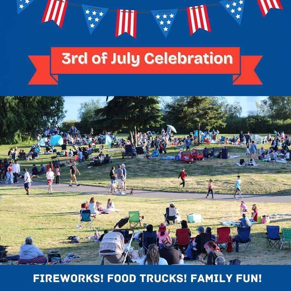 People gather on a grassy field with chairs and tents for a 3rd of July Celebration; banners and text promote fireworks, food trucks, and family fun at this Must List event. Save the date: 06-26-2025!.