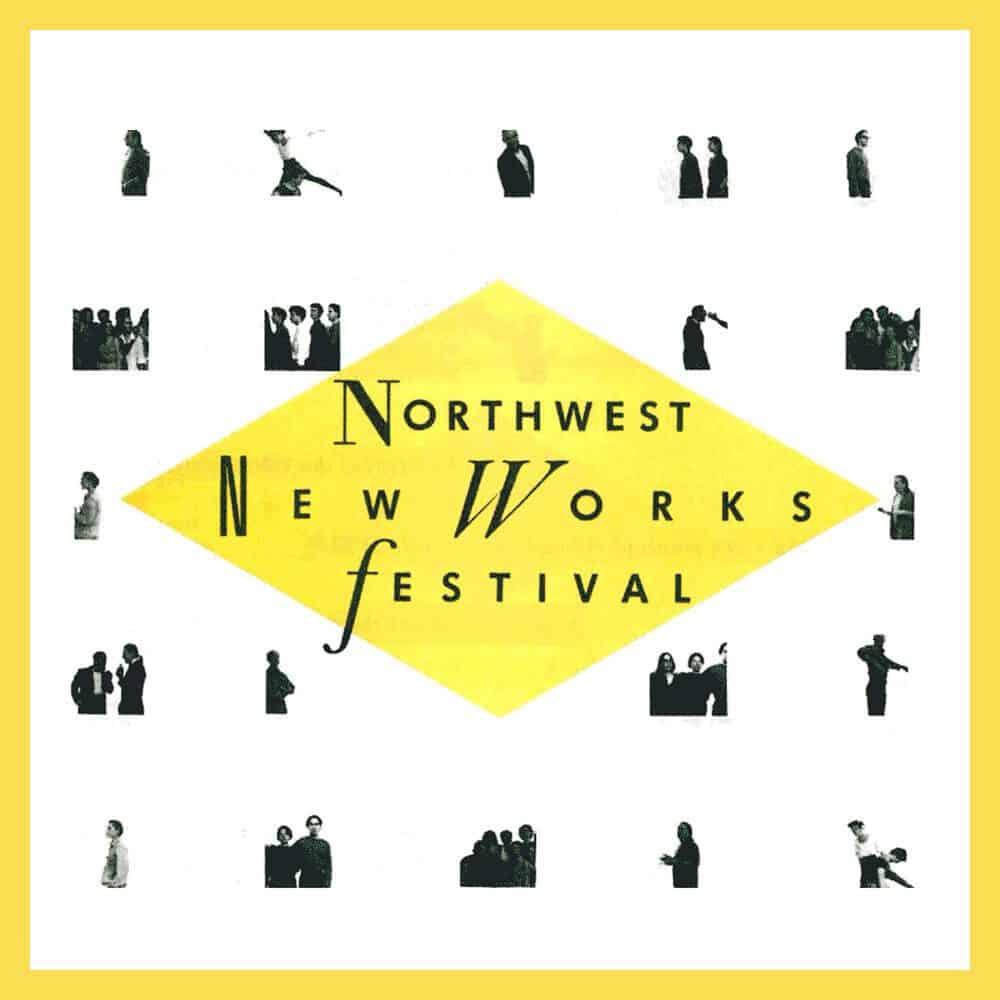 A yellow diamond shape with “Northwest New Works Festival” text is surrounded by small silhouettes of people in various poses—featuring performances fresh from Switzerland—on a clean white background.