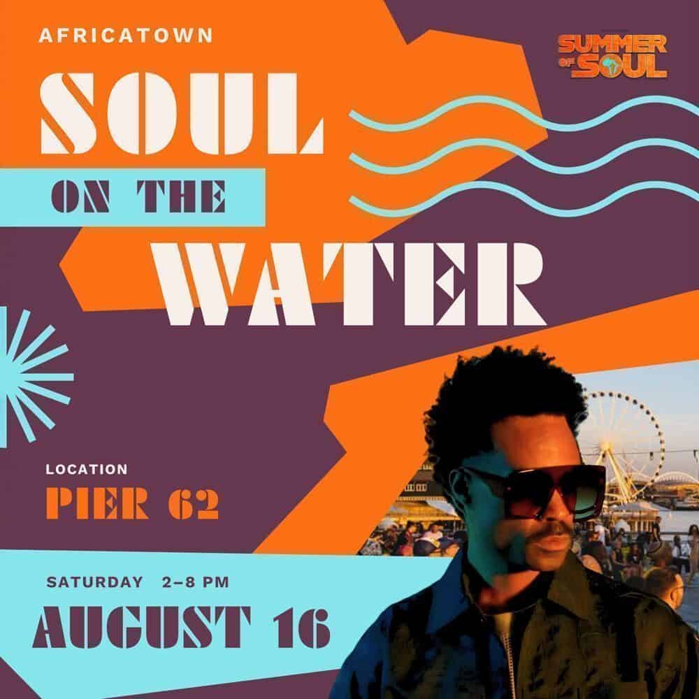 Promotional poster for "Soul on the Water" at Pier 62, featured in the Must List, happening August 16 (08-14-2025), with a man in sunglasses and a ferris wheel and crowd in the background.