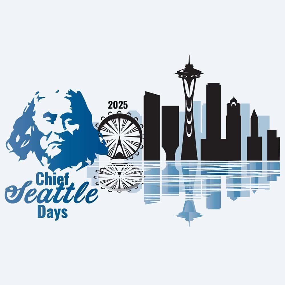 Graphic featuring Chief Seattle’s portrait, “Chief Seattle Days,” “2025,” a Ferris wheel, the Seattle skyline with reflections, and the date 08-14-2025—a must list event for your calendar.