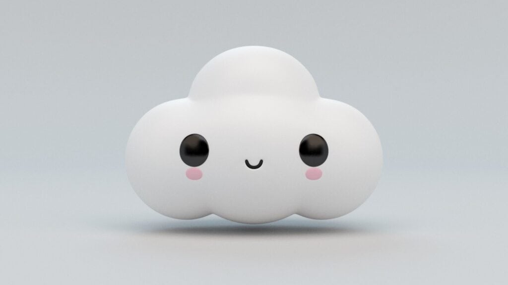 A 3D-rendered white cloud with a cute, smiling face, big black eyes, and pink cheeks on a plain light gray background.