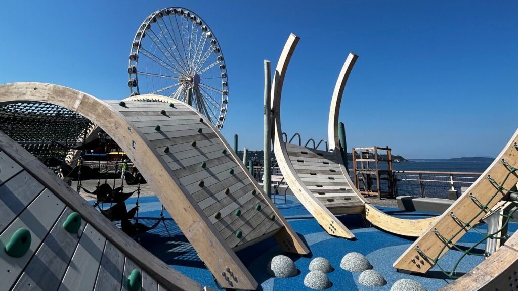 A playground with climbing structures is in the foreground, and a large Ferris wheel stands near the waterfront under a clear blue sky.