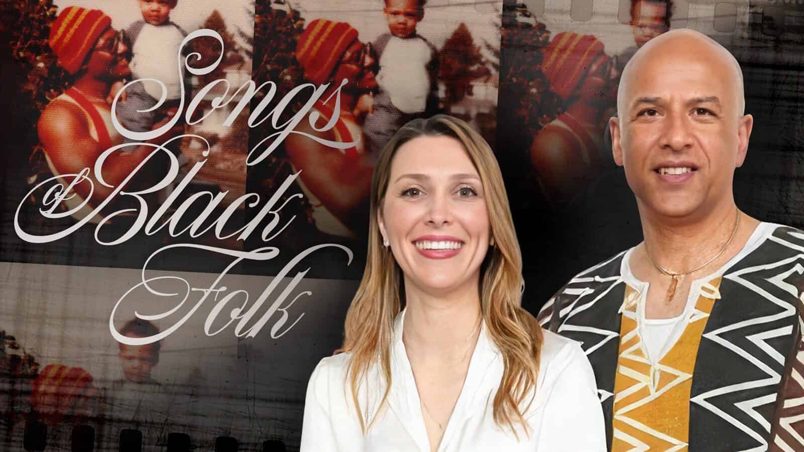 A woman and a man stand in front of a background with childhood photos and the cursive text "Songs of Black Folk," celebrating its Tribeca Debut.