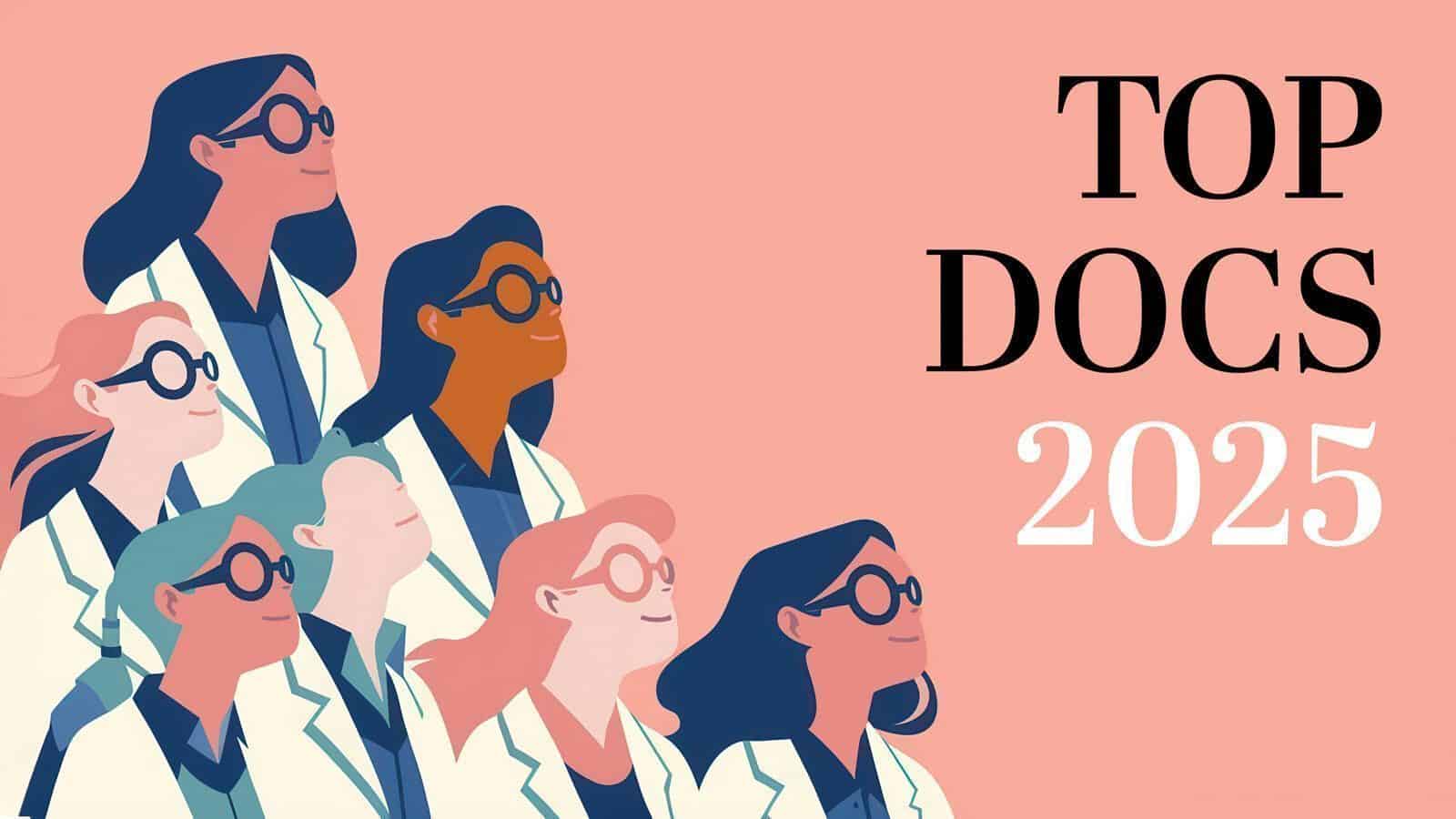 TopDocs2025_1600x900 Illustration of seven doctors in white coats and glasses, looking upward, next to the text "TOP DOCS 2025" on a pink background—celebrating Seattle magazine top docs.