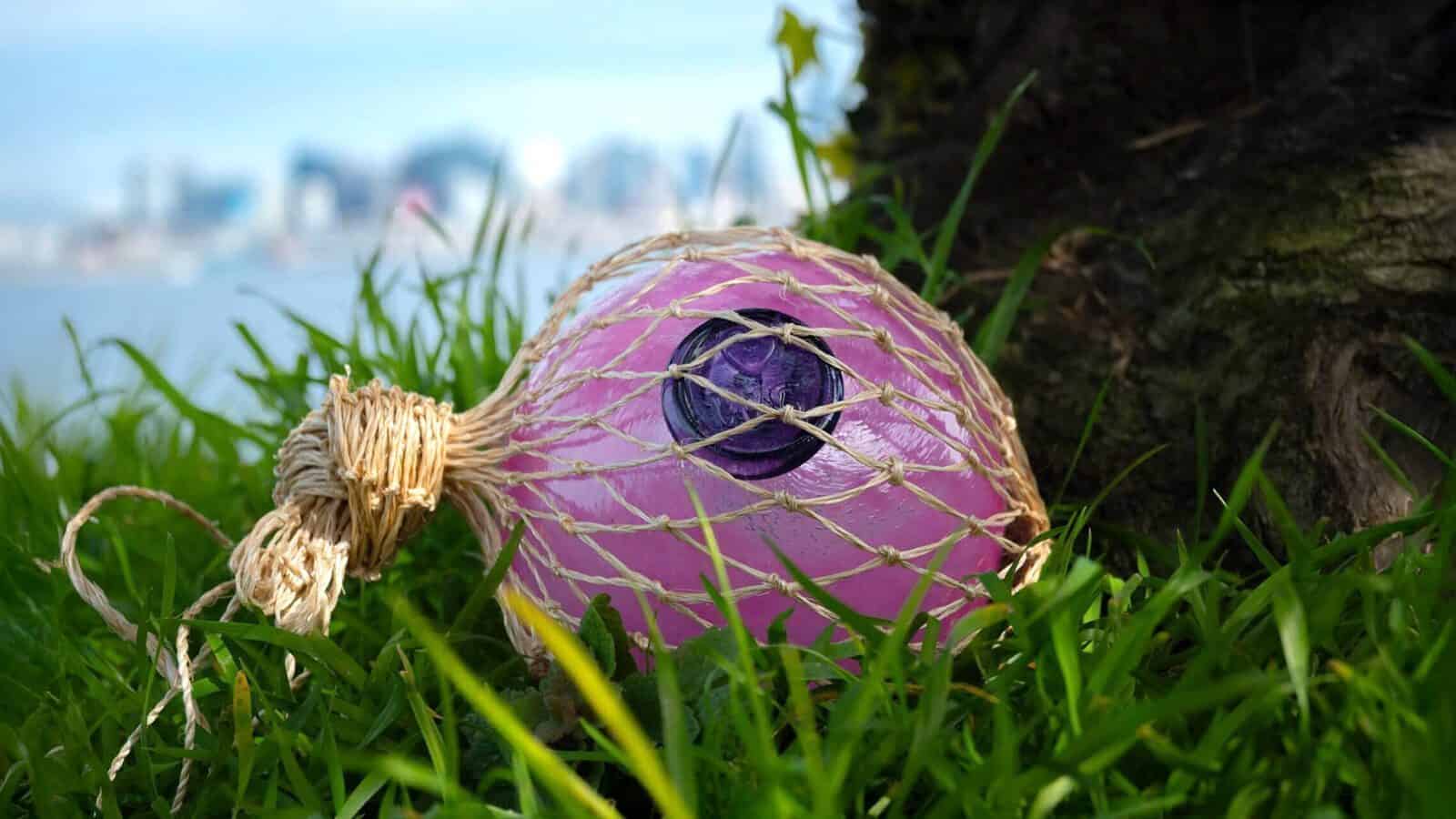 A purple glass float wrapped in rope netting rests in green grass near a tree with a blurred cityscape in the background.