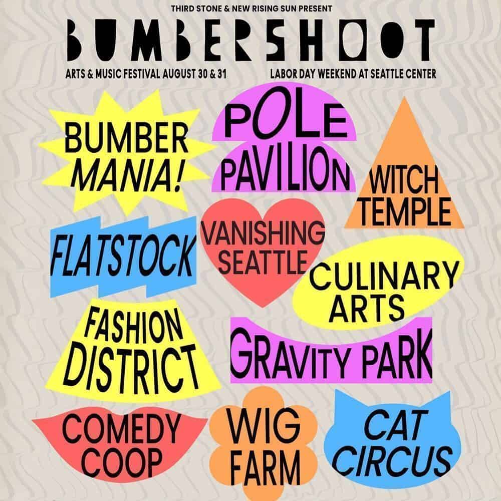 Colorful graphic poster for Bumbershoot Arts & Music Festival on 08-28-2025, listing event areas like Bumbermania, Flatstock, Fashion District, Comedy Coop, and more—a true Must List for art and music lovers.