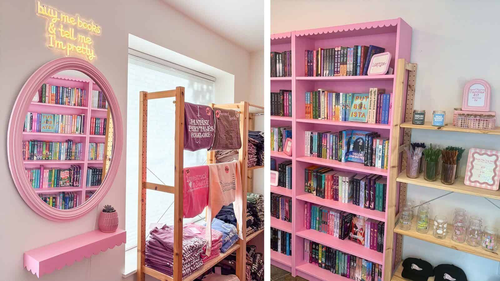 A cozy bookstore with pink bookshelves filled with books, a round mirror topped by a neon sign, wooden shelves displaying glasses, and racks with folded t-shirts—perfect for discovering your next love story.