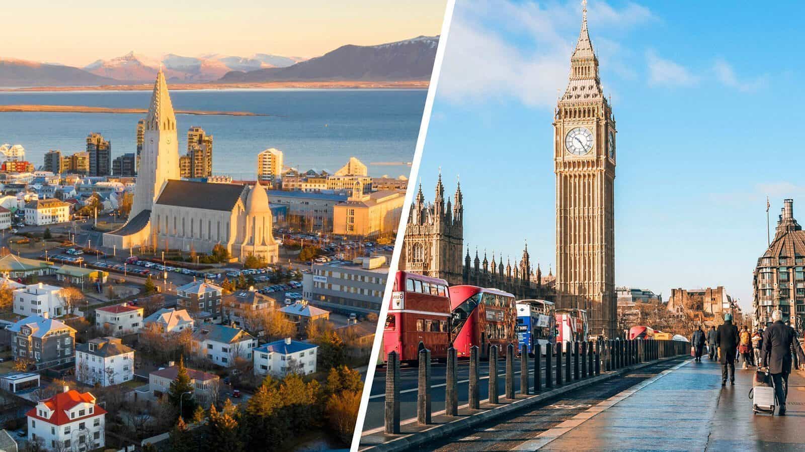 Side-by-side view of Reykjavik, featuring Hallgrímskirkja church, and London with Big Ben and iconic red buses, both under clear skies.