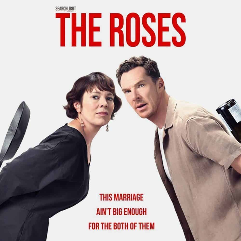 A woman with a frying pan and a man with a wine bottle stand back to back under the title "The Roses," with the tagline "This marriage ain't big enough for the both of them." A Must List pick for 08-28-2025.