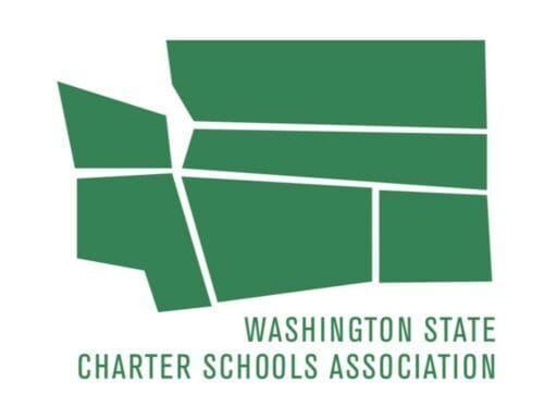 Green geometric shapes form an abstract map of Washington State above the text "Washington State Charter Schools Association" in green capital letters, representing more options and alternatives in education.
