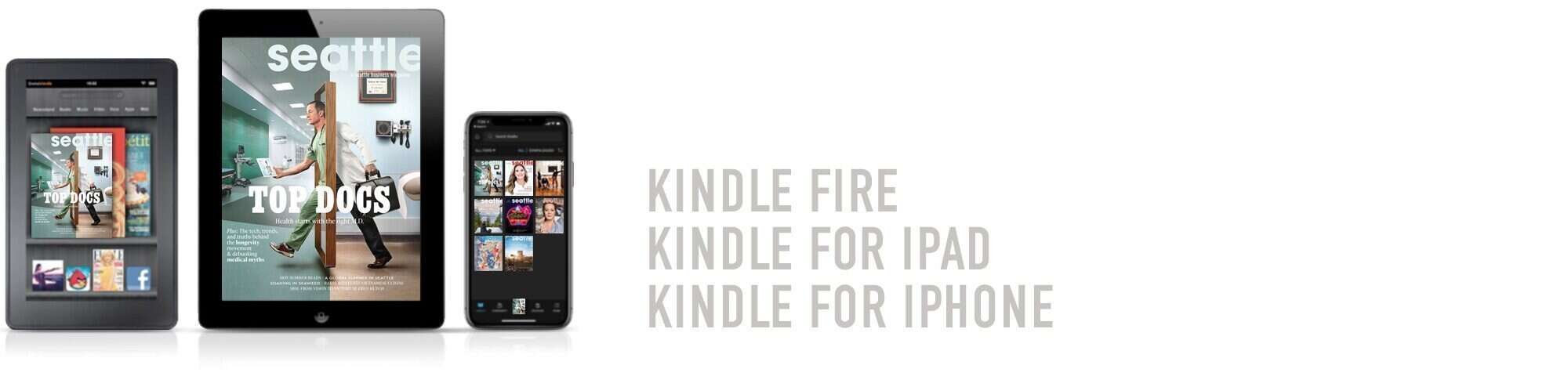 Three devices displaying digital magazines: a Kindle Fire tablet, an iPad, and an iPhone, with text listing Kindle versions for each device.