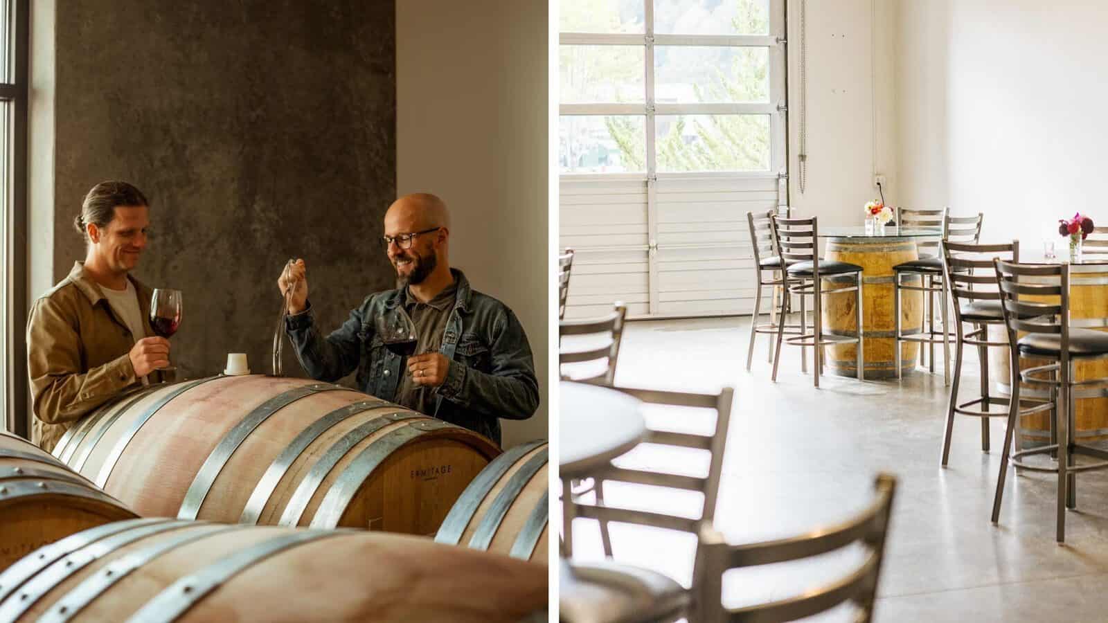 Two men taste Woodinville wine beside barrels in a winery on the left; empty tables and chairs are arranged for relaxation in a bright tasting room on the right.