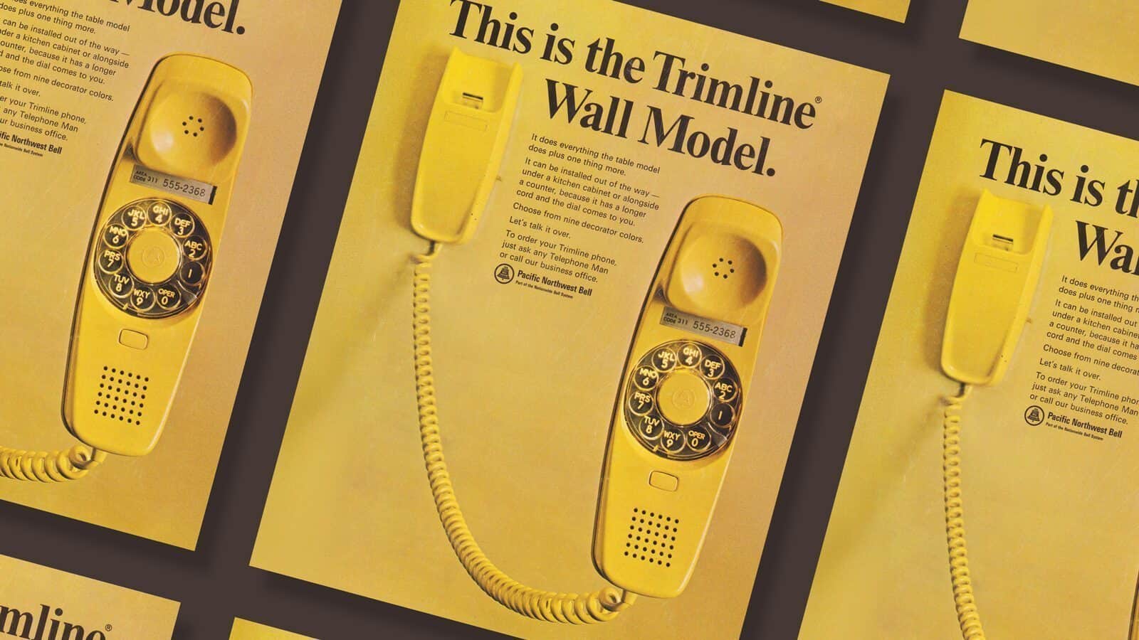 A vintage advertisement on a yellow back page showcases the yellow Trimline Wall Model rotary phone, featuring product details and promotional text. It's a classic way to Talk It Out in style.
