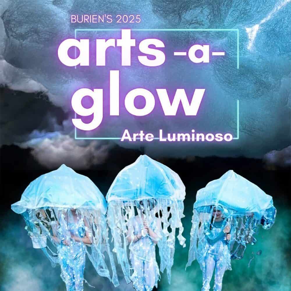 Three performers in illuminated jellyfish costumes stand under glowing umbrellas. "arts-a-glow" and "Arte Luminoso" with the Must List date 09-04-2025 appear above, highlighting this vibrant event.