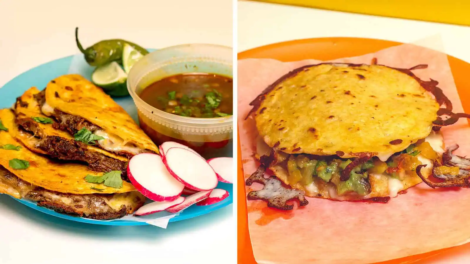 Two plates of Mexican food celebrate Hispanic Heritage Month in Seattle: on the left, three birria tacos with consommé, radish slices, jalapeño, and lime; on the right, a cheesy quesabirria taco served on pink paper.