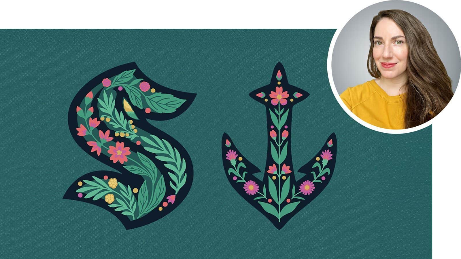A stylized letter "S" and anchor symbol, inspired by Kraken artist-designed jerseys, decorated with floral patterns on a teal background; inset photo of a woman with long brown hair wearing a yellow top.