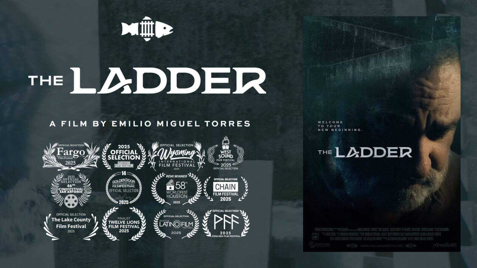 Film poster for "The Ladder" by Emilio Miguel Torres, honoring Hispanic Heritage Month, features a man's face in shadow and multiple film festival selection laurels, including recognition in Seattle.