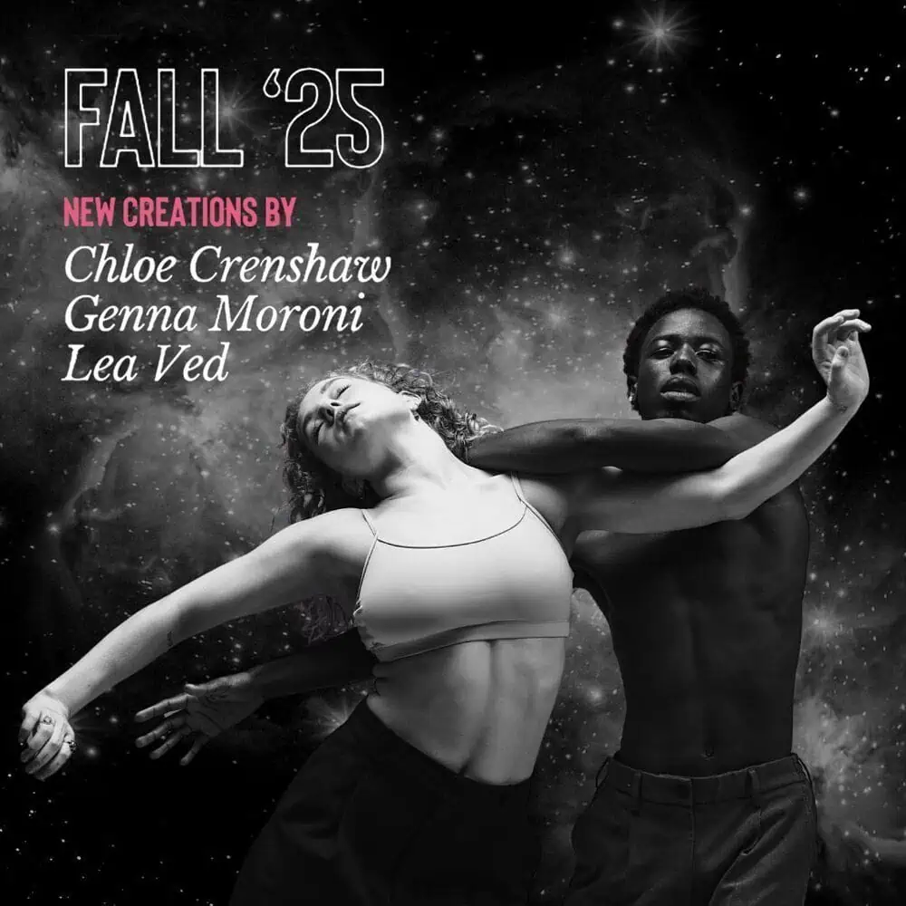 Two dancers pose dramatically against a cosmic background, evoking a Bridgerton stroll, with text announcing "Fall '25 New Creations by Chloe Crenshaw, Genna Moroni, Lea Ved.