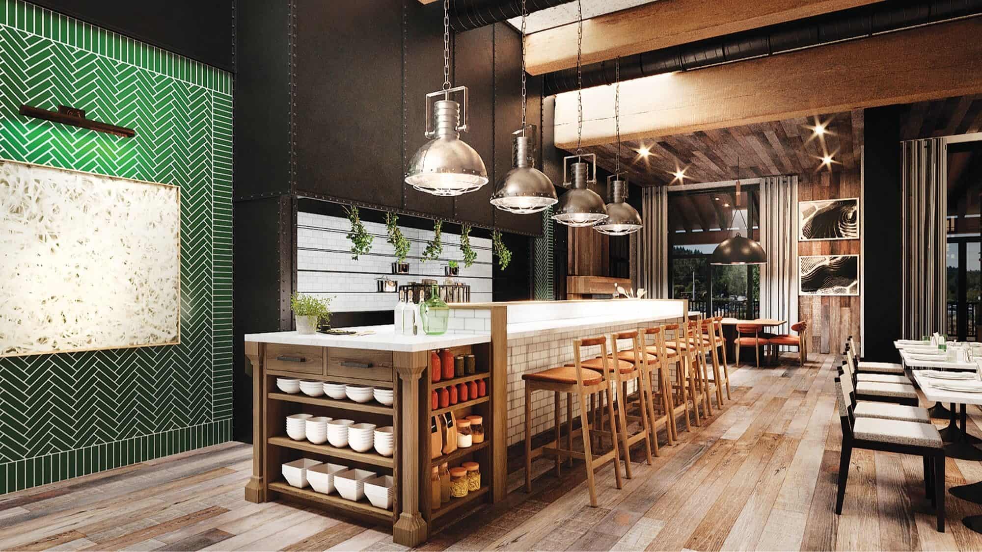 Modern restaurant interior with a central bar, wooden stools, hanging lights, green accent wall, and neatly arranged dishes and utensils on open shelves—reflecting the inviting charm found in many of Seattle's restaurants.