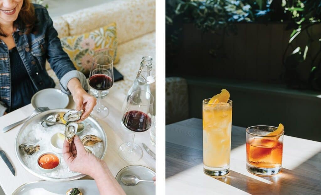 Left: A person prepares to eat oysters on ice with wine—one of the highlights at Seattle's restaurants. Right: Two cocktails, one orange and one brown, sit on a sunlit table indoors at one of the newest places to eat and drink.