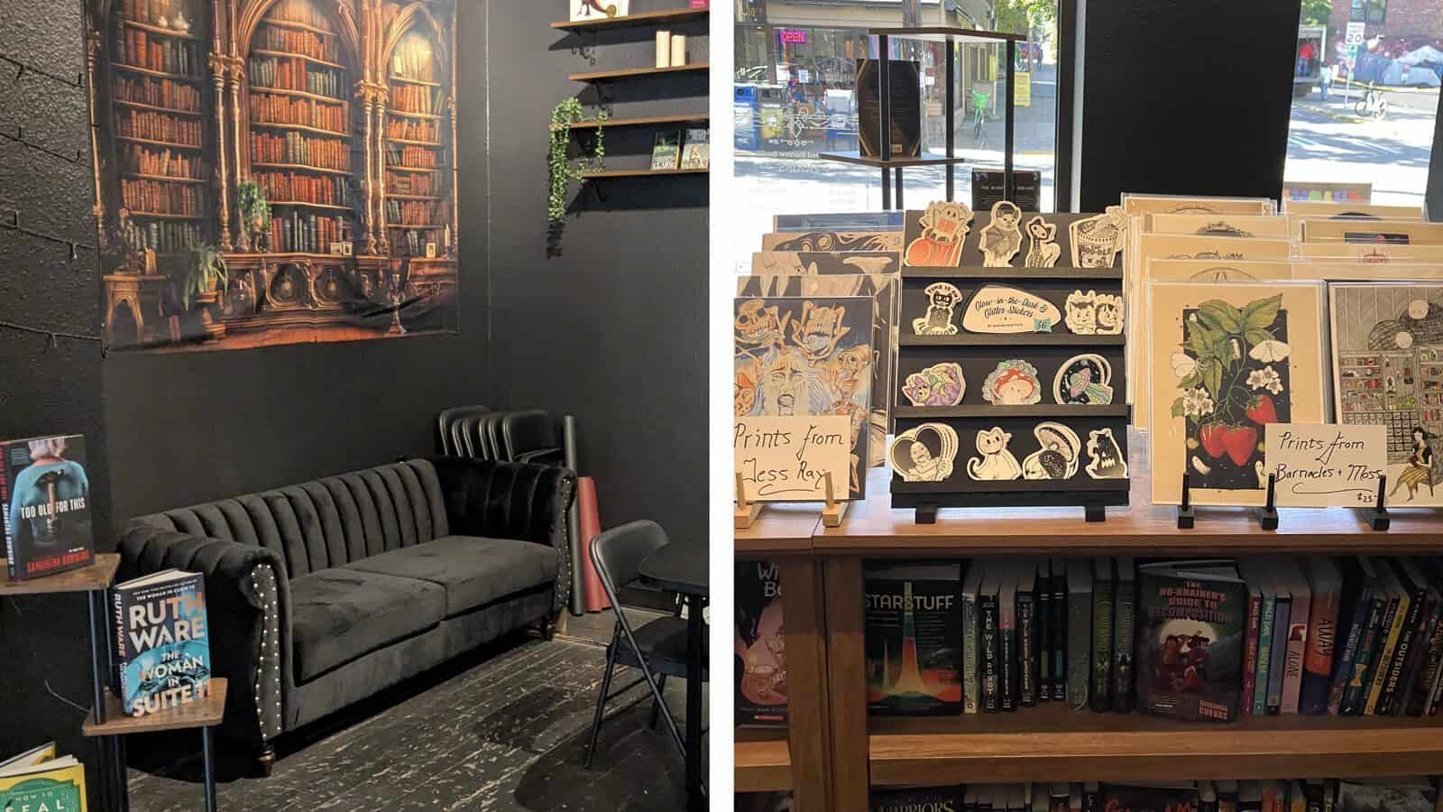 A cozy bookshop interior with a gray couch, bookshelf, and book-themed wall art, alongside display racks holding art prints and stickers near a window—perfect for readers to enjoy a quiet bite of literary inspiration.