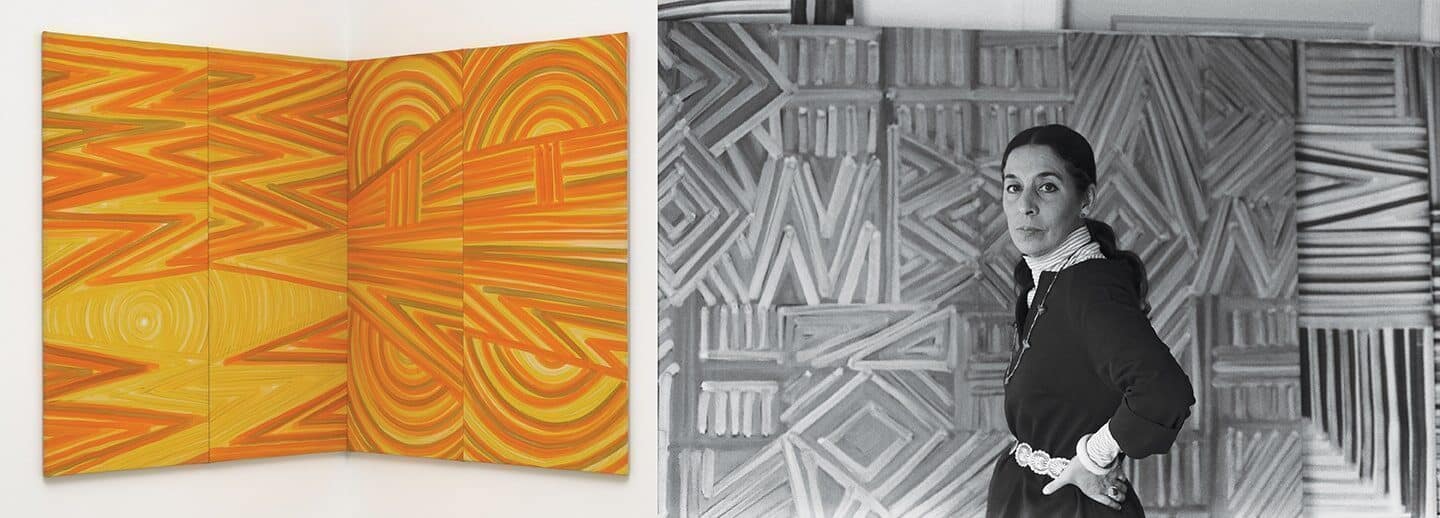Left: An abstract painting with orange, yellow, and green geometric patterns. Right: A woman stands in front of a large artwork with bold geometric designs, capturing the vibrant art scene while visiting LA.