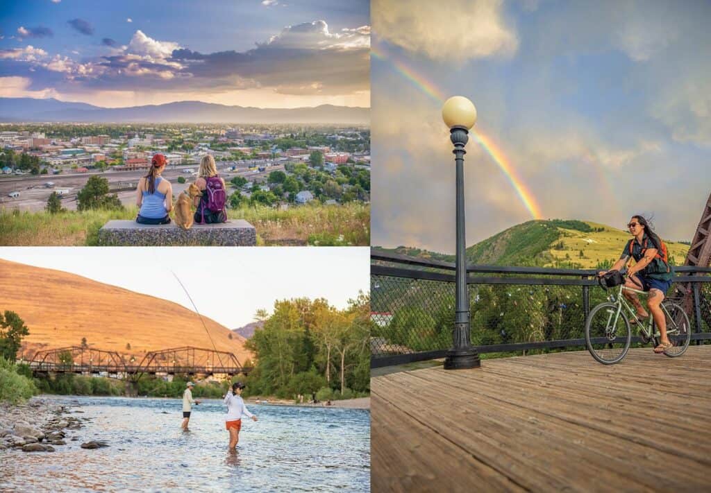 A collage showcasing Montana tourism: two people overlooking a city, two fly-fishing in a river, and a cyclist on a bridge beneath a rainbow—capturing the charm of Montana’s small towns and scenic beauty.