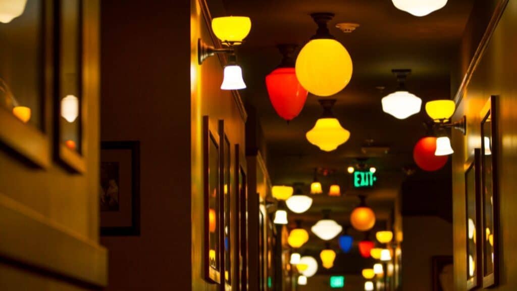 A row of lights on the ceiling highlights the careful preservation of original features at Anderson School.