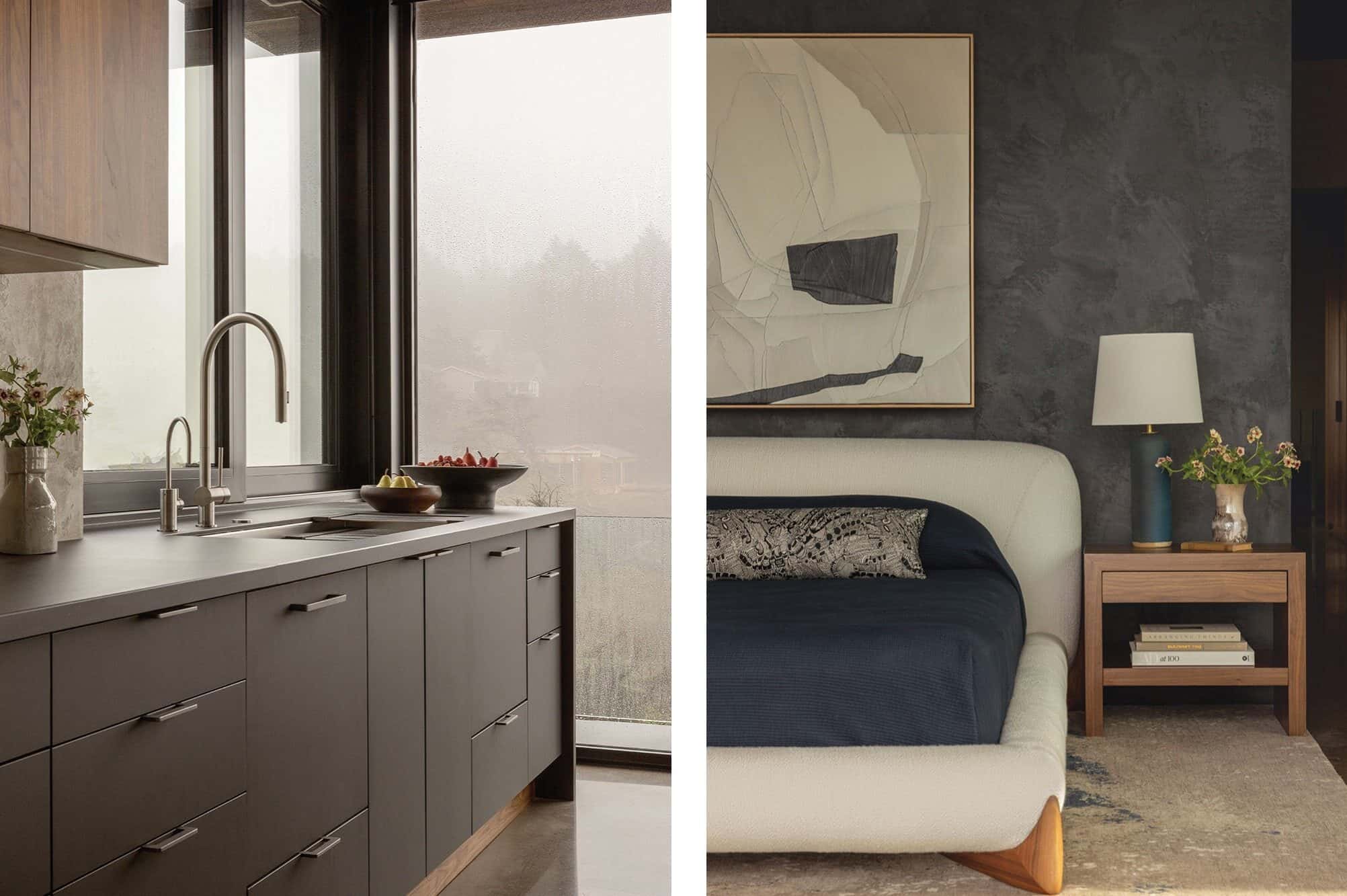 Split image showing a modern kitchen with dark cabinets and a window on the left, and a cozy Arch Cape bedroom with a bed, nightstand, lamp, and abstract art on the right—perfect for an Oregon beach or log cabin retreat.