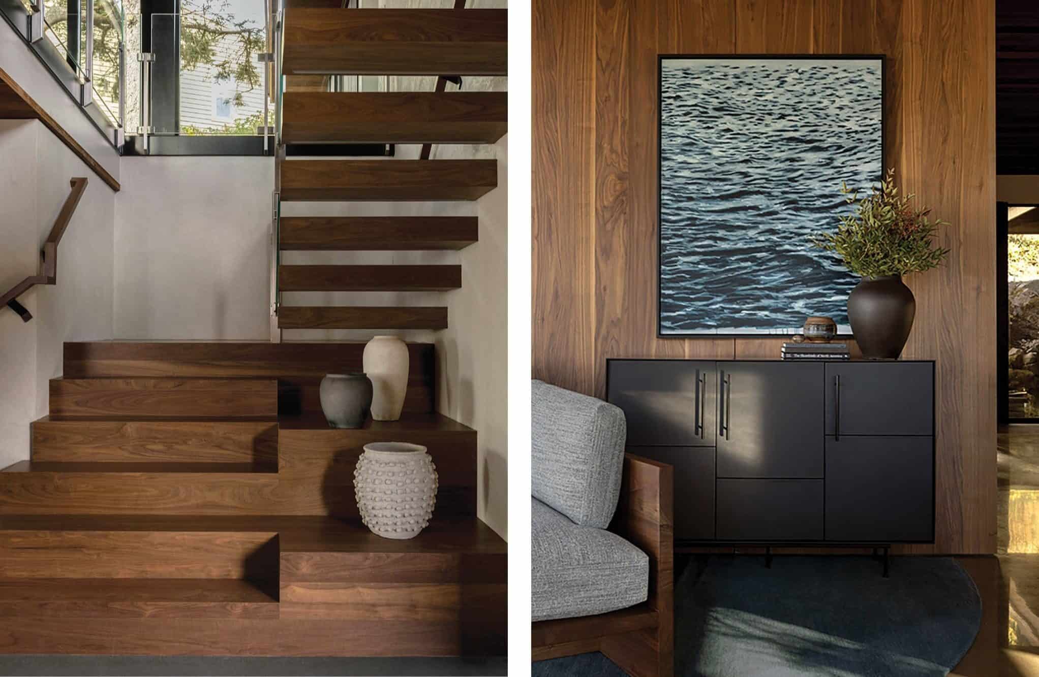 Left: Modern wooden staircase with vases on the steps. Right: Black sideboard, vase with branches, and framed Oregon beach photo on a wood-paneled wall next to a gray armchair, adding an Arch Cape vibe.