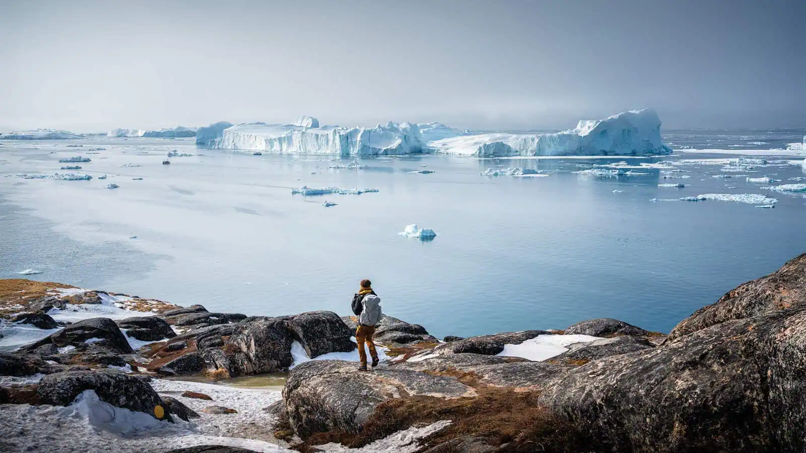 A person stands on rocky terrain at the Edge of The Map, overlooking a calm sea with floating icebergs under a cloudy sky.