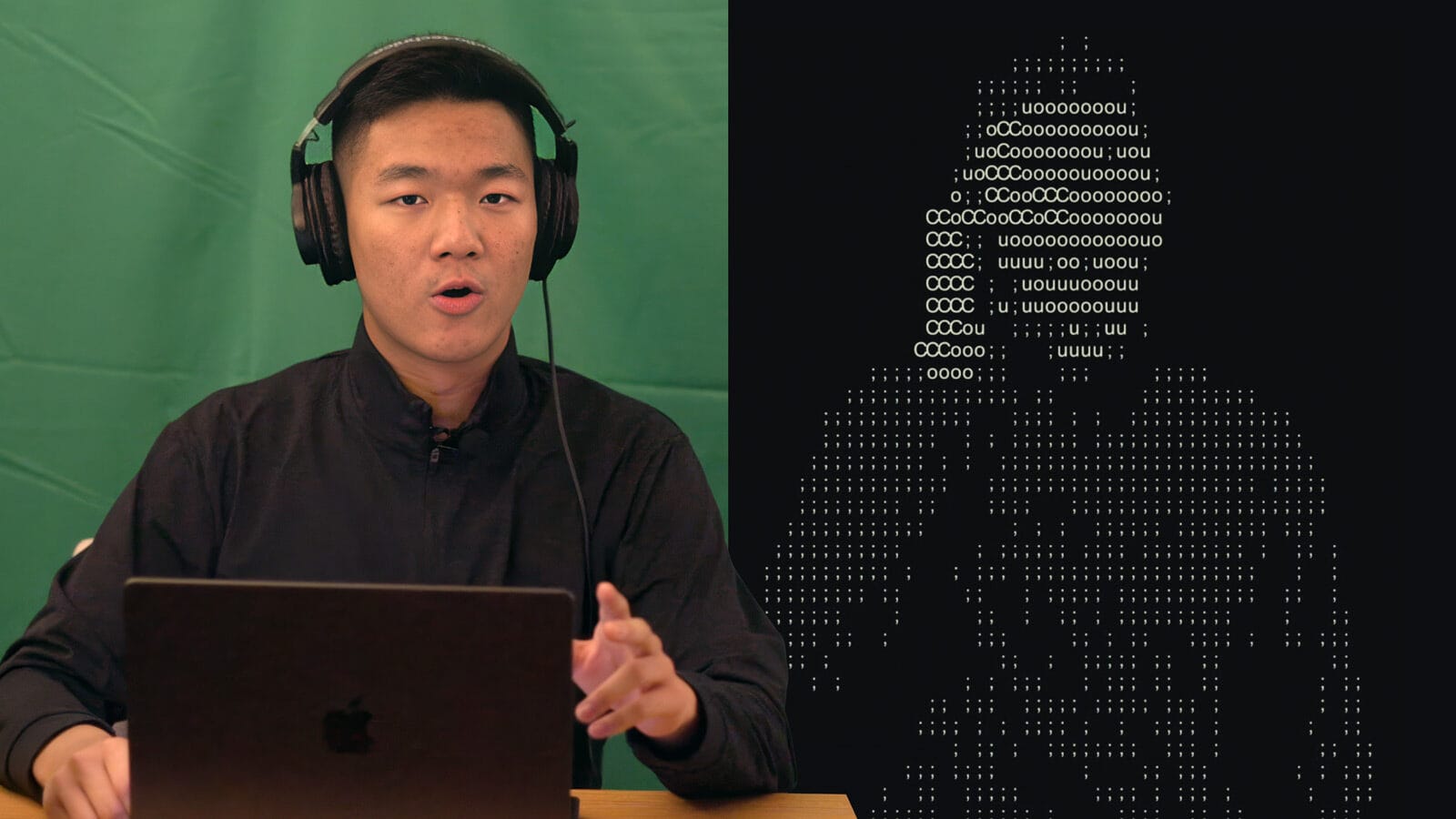 A person wearing headphones speaks in front of a laptop with a green screen behind them; beside them is an ASCII art figure on a black background.