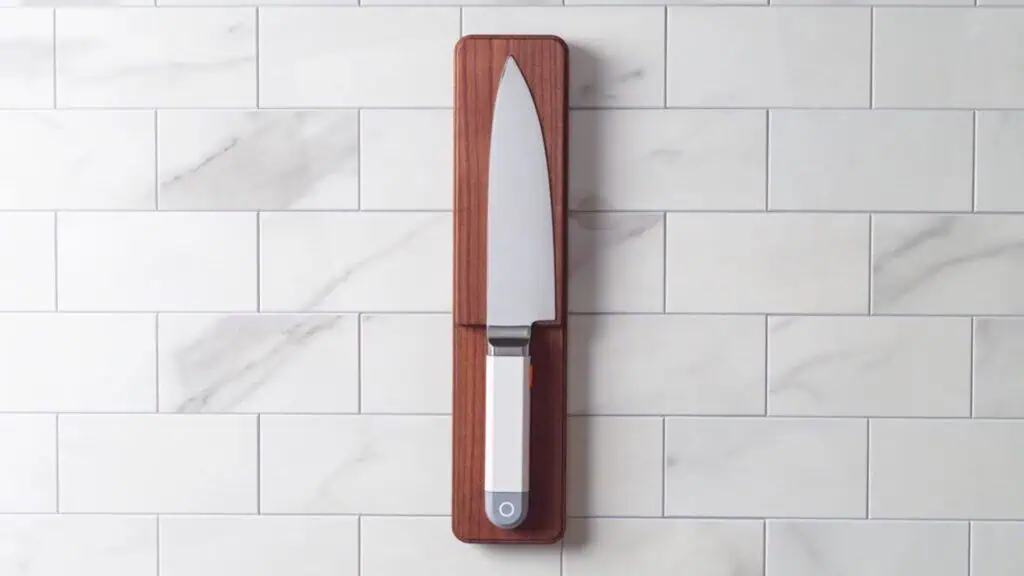 A chef’s knife with a silver blade and white handle rests on a wooden magnetic knife holder mounted on a white tiled wall.