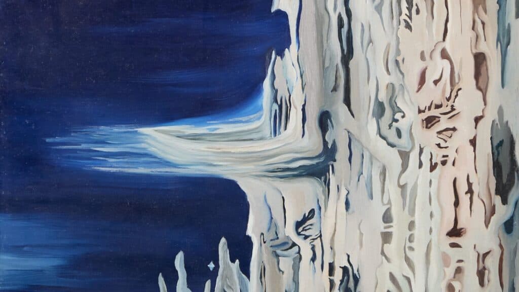 Abstract painting of jagged, icy white cliffs against a deep blue sky, with flowing lines suggesting frozen formations and layered textures.