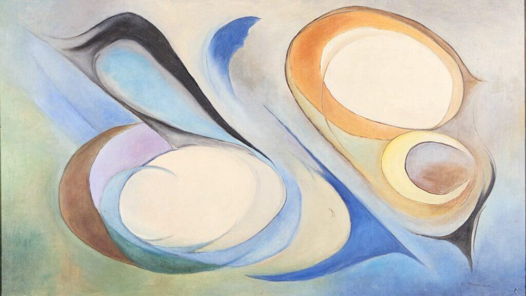 Abstract painting with large swirling shapes in blue, white, brown, and yellow tones, featuring smooth curves and overlapping forms on a light background.