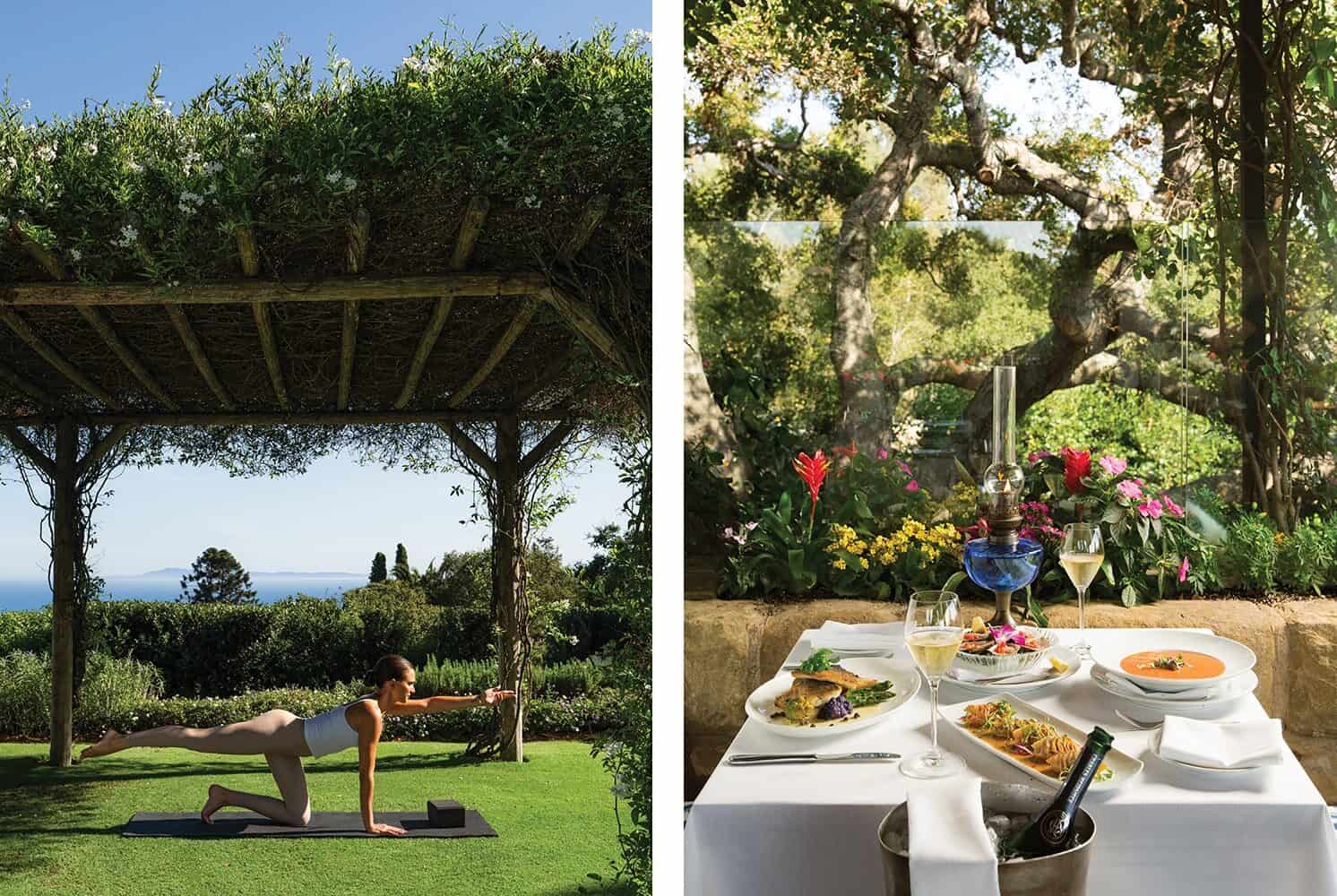 Left: A person practices yoga on a grassy lawn under a pergola. Right: An outdoor dining table set with wine and plated dishes, capturing the relaxed charm of coastal escapes on the West Coast.