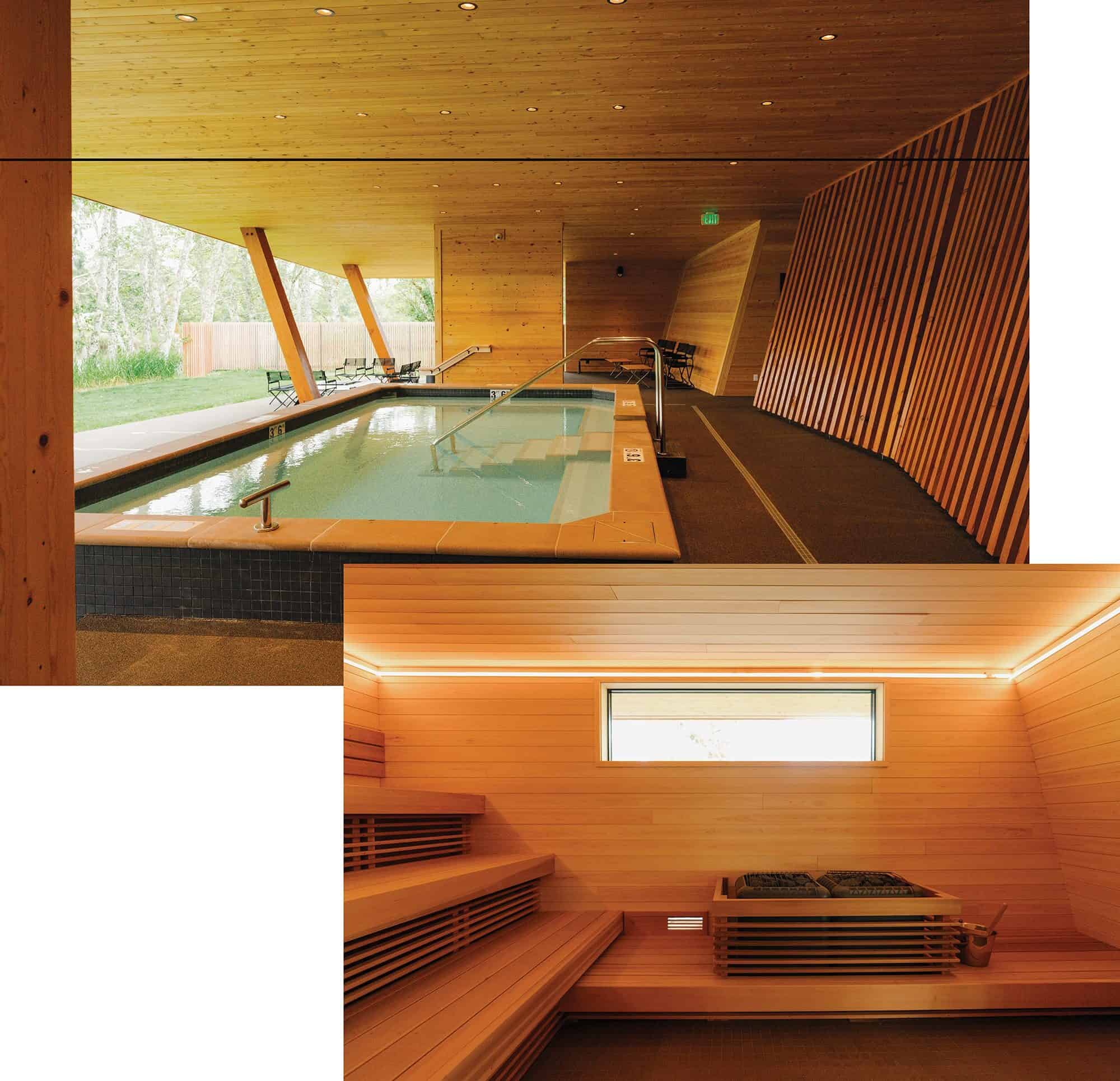 Two adjoining interior spaces: an indoor pool area with wooden walls and slanted ceiling, and a sauna with bench seating and a heater, both featuring warm wood finishes inspired by Washington’s beautiful scenery.