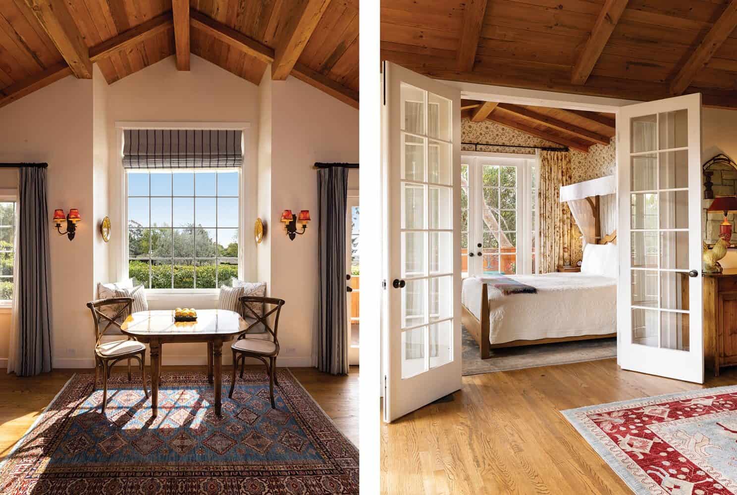 Two images show sunlit rooms with wooden ceilings: one features a dining table by a large window overlooking beautiful scenery, the other displays a bedroom with French doors and a four-poster bed—perfect for Washington coastal escapes.