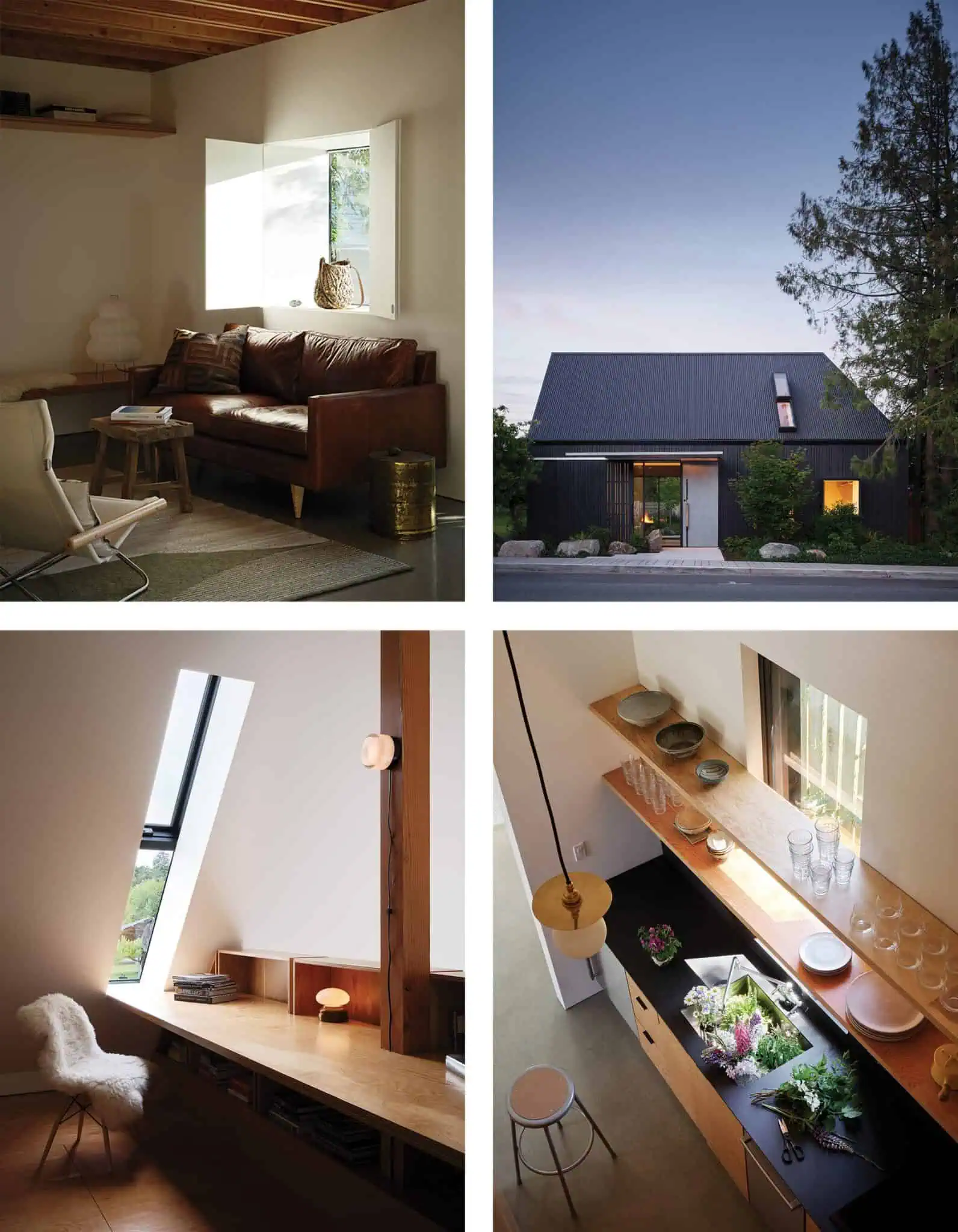 Collage of four images showing modern home interiors with wood accents, large windows, minimalist decor, and an exterior view of a dark-roofed house at dusk.