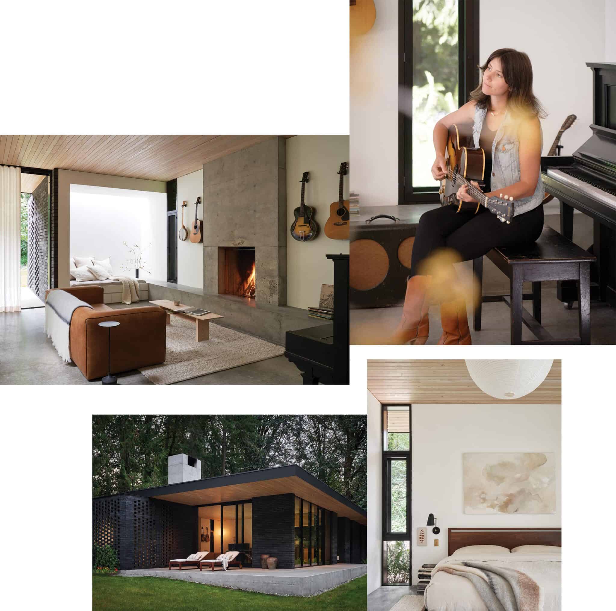 A modern home interior with a fireplace, a woman playing guitar by a piano, a contemporary house exterior, and a minimalist bedroom with large windows.
