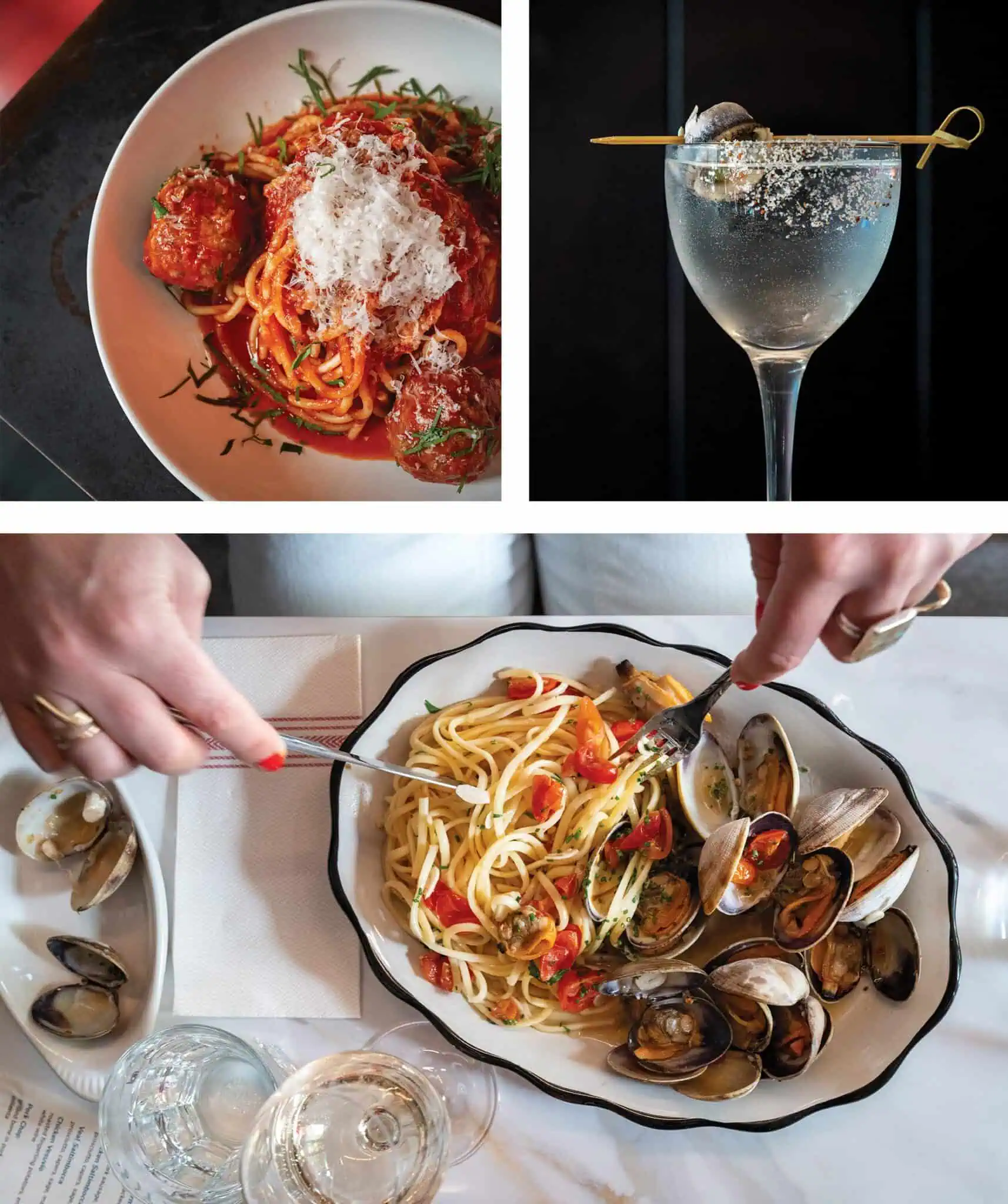 Top left: Spaghetti with meatballs and grated cheese. Top right: Clear cocktail with a garnish. Bottom: Person eating linguine with clams and cherry tomatoes, two glasses of water nearby.
