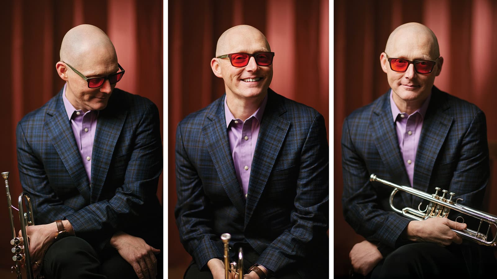 A bald man wearing red glasses, a plaid blazer, and a purple shirt poses with a trumpet in three different positions against a reddish-brown background, capturing Thomas Marriott’s vibrant presence in Seattle's music community.