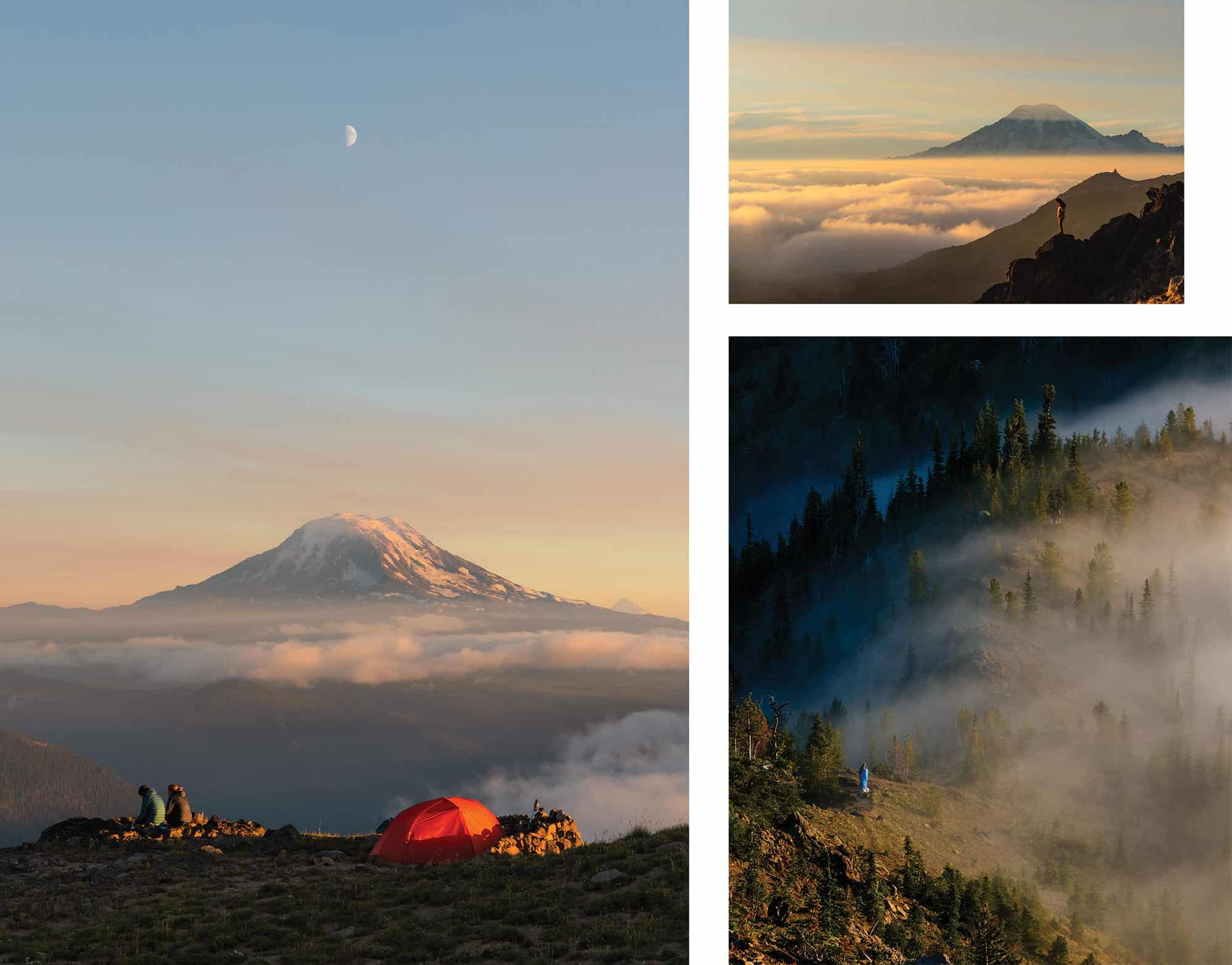 Three photos by Tiffanie Yang capture the spirit of hiking: a red tent near Mount Adams, a distant peak rising above clouds, and a hiker standing on a foggy, tree-lined slope—an inspiring showcase of outdoor photography.