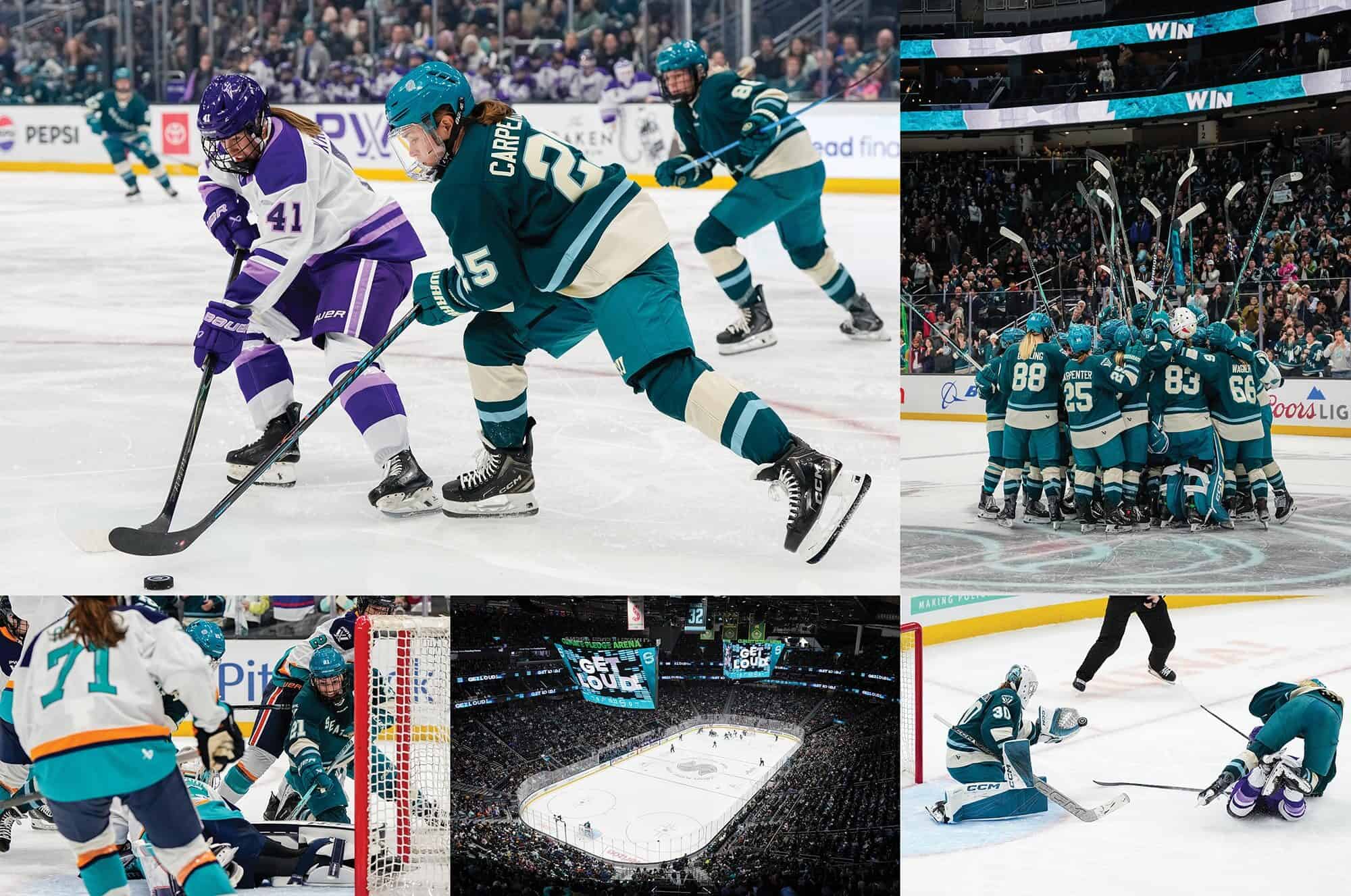 A collage of hockey game moments shows players in action, a team group celebration, an arena full of fans, and goal attempts on the ice.