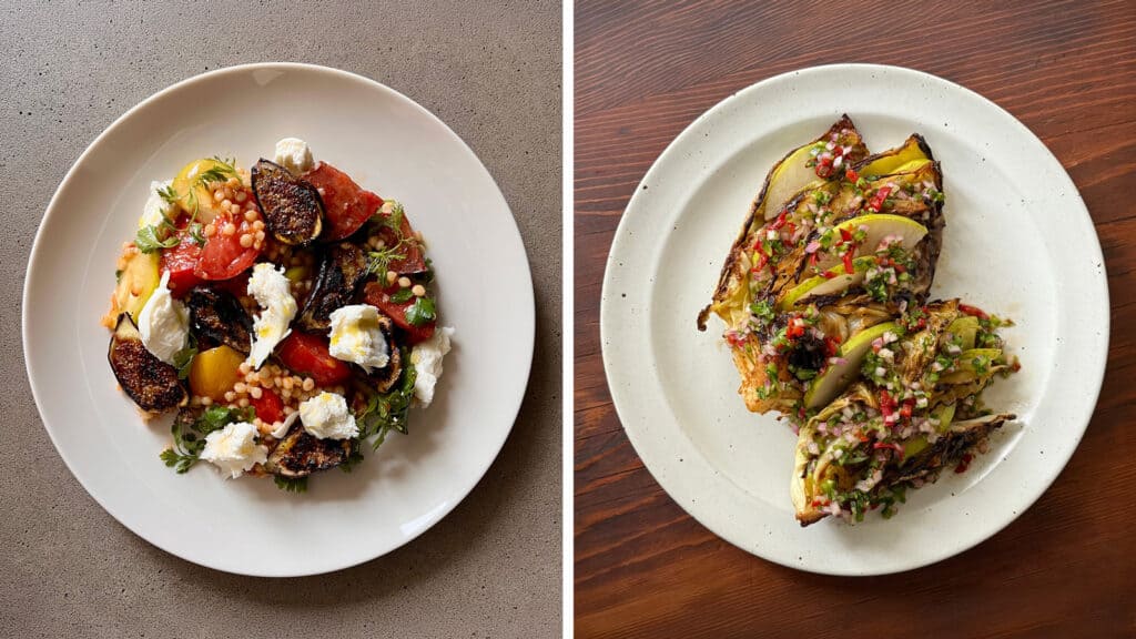 A side-by-side image of two plated dishes: the left plate has a colorful salad with figs, tomatoes, cheese, and grains; the right plate features roasted eggplant topped with vegetables and herbs.